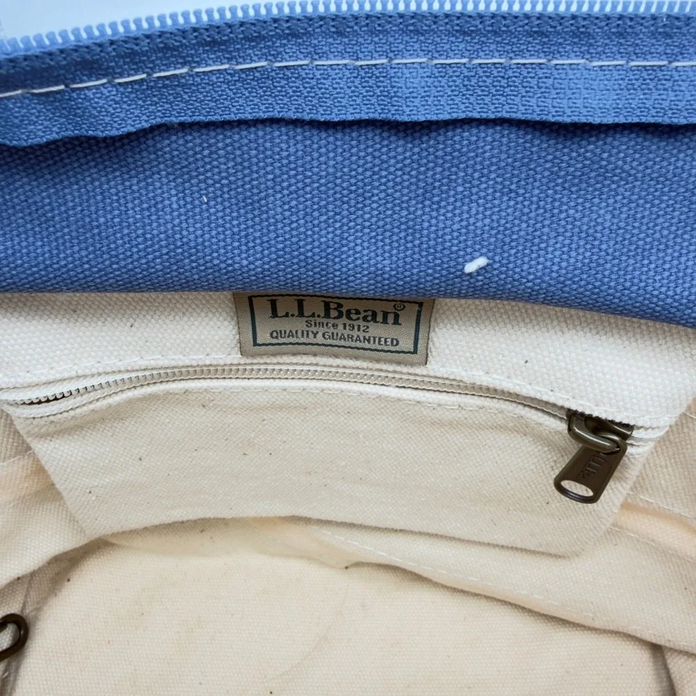 LL Bean Boat and Tote Zip Top Canvas Bag Blue White Stripe Yellow Dog Leather - Picture 5 of 7